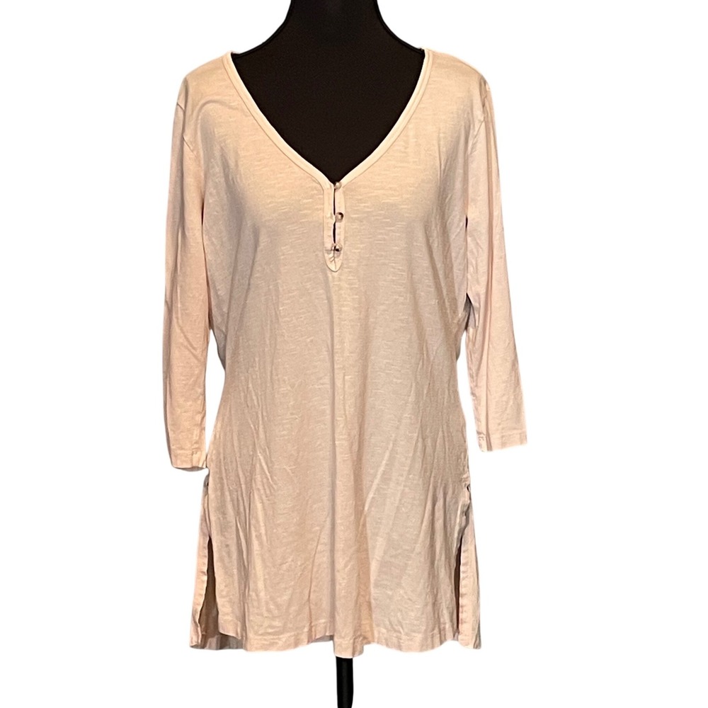 Toad&Co L Pink Tencel Organic Cotton Henley 3/4 Sleeve Tunic Top Granola Girl